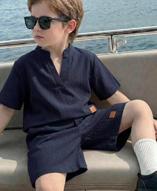 2pcs V-Neck Short Sleeve Shirt And Shorts Set