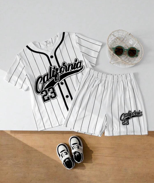 2pcs/Set Baseball Tee With   Ribbed Short Sleeve Top And Shorts Set