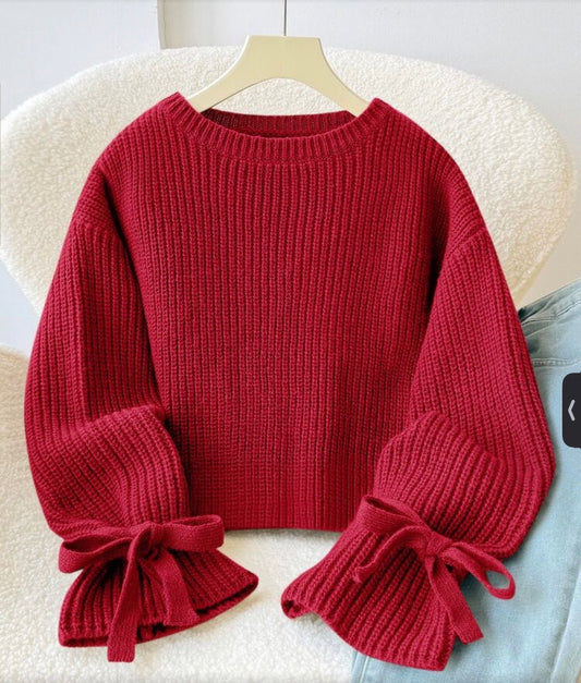 Loose Minimalist Round Neck Tie Sleeve Autumn Sweater