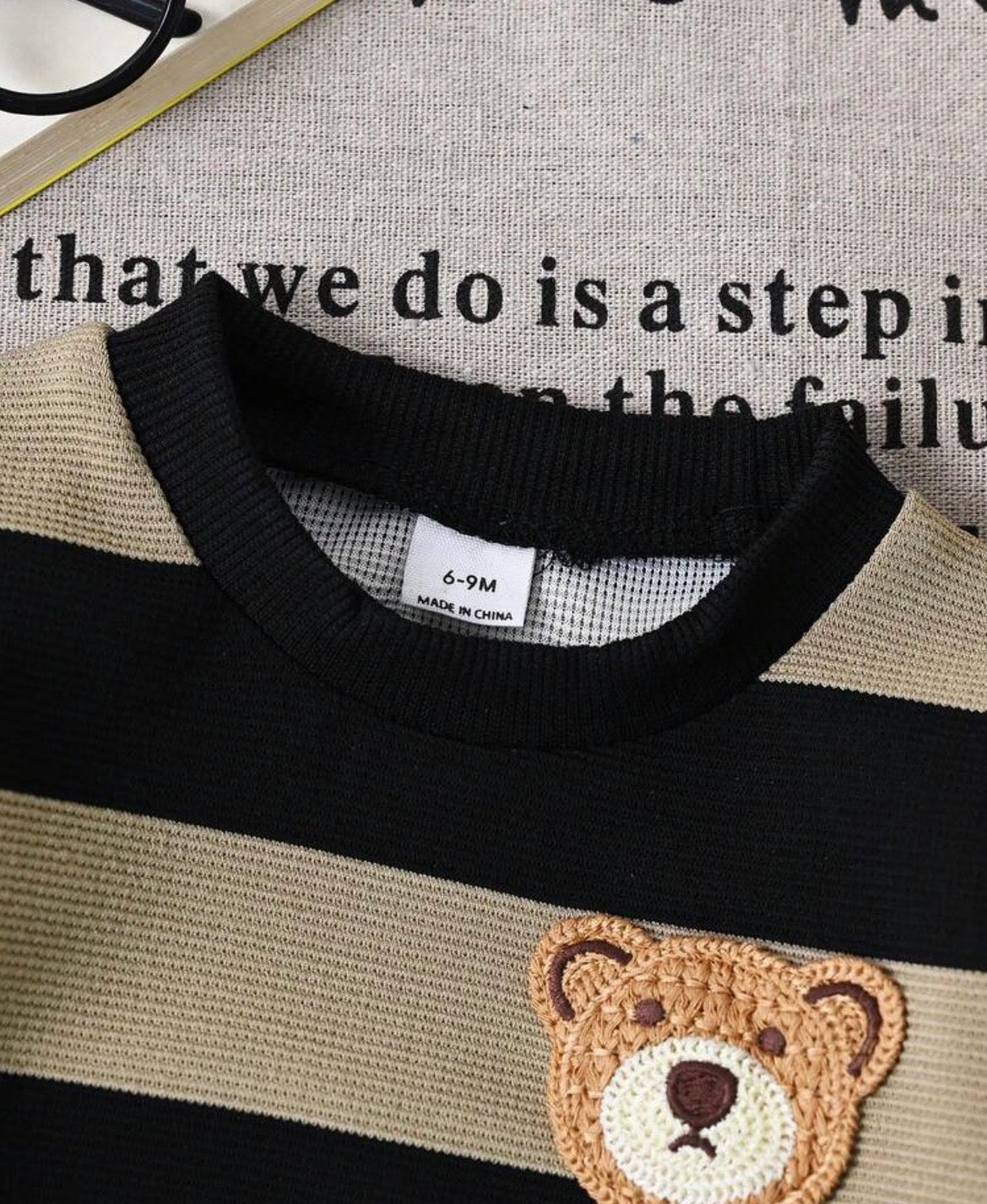Striped Crew Neck Long Sleeve Bear Graphic Top Slim Fit Pants