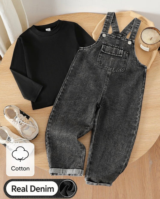 2pcs Black Knit/Woven Crew Neck Long Sleeve T-Shirt & Denim Overalls Outfit