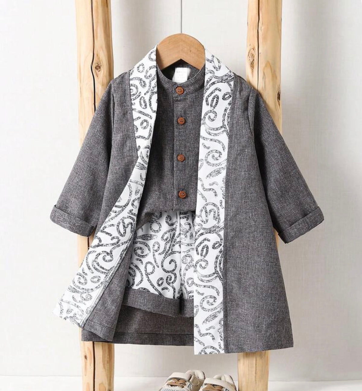 Winter 3pcs Set: Floral Print Long Sleeve Cardigan,Shirt & Striped Shorts