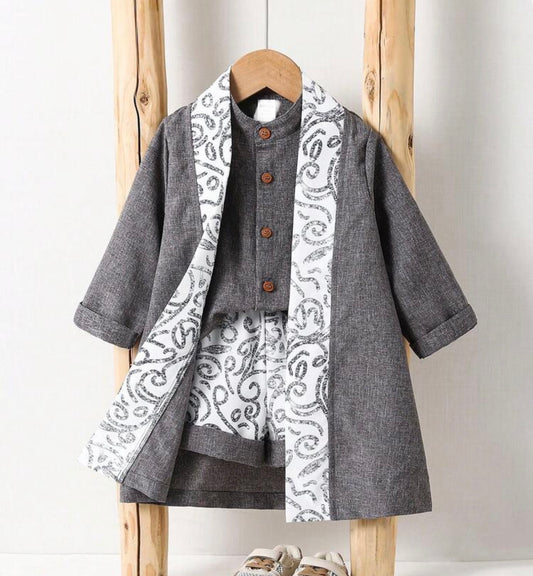 Winter 3pcs Set: Floral Print Long Sleeve Cardigan,Shirt & Striped Shorts