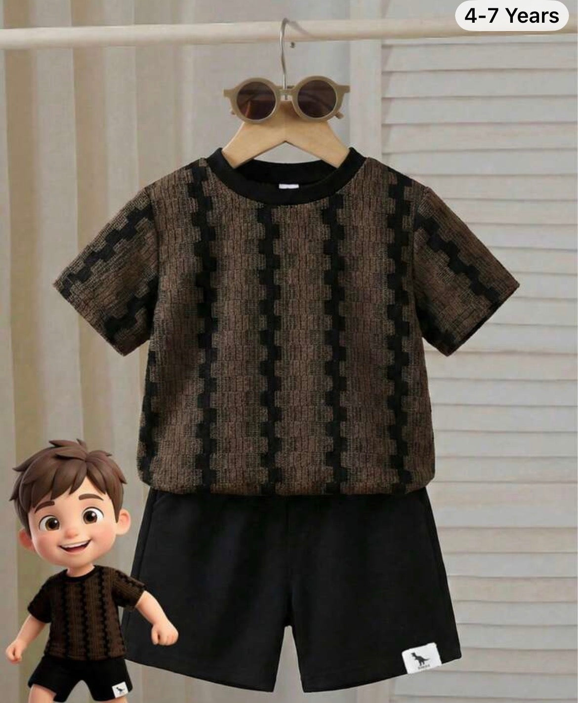 Plaid Round Neck Short Sleeve T-Shirt And Shorts Set,
