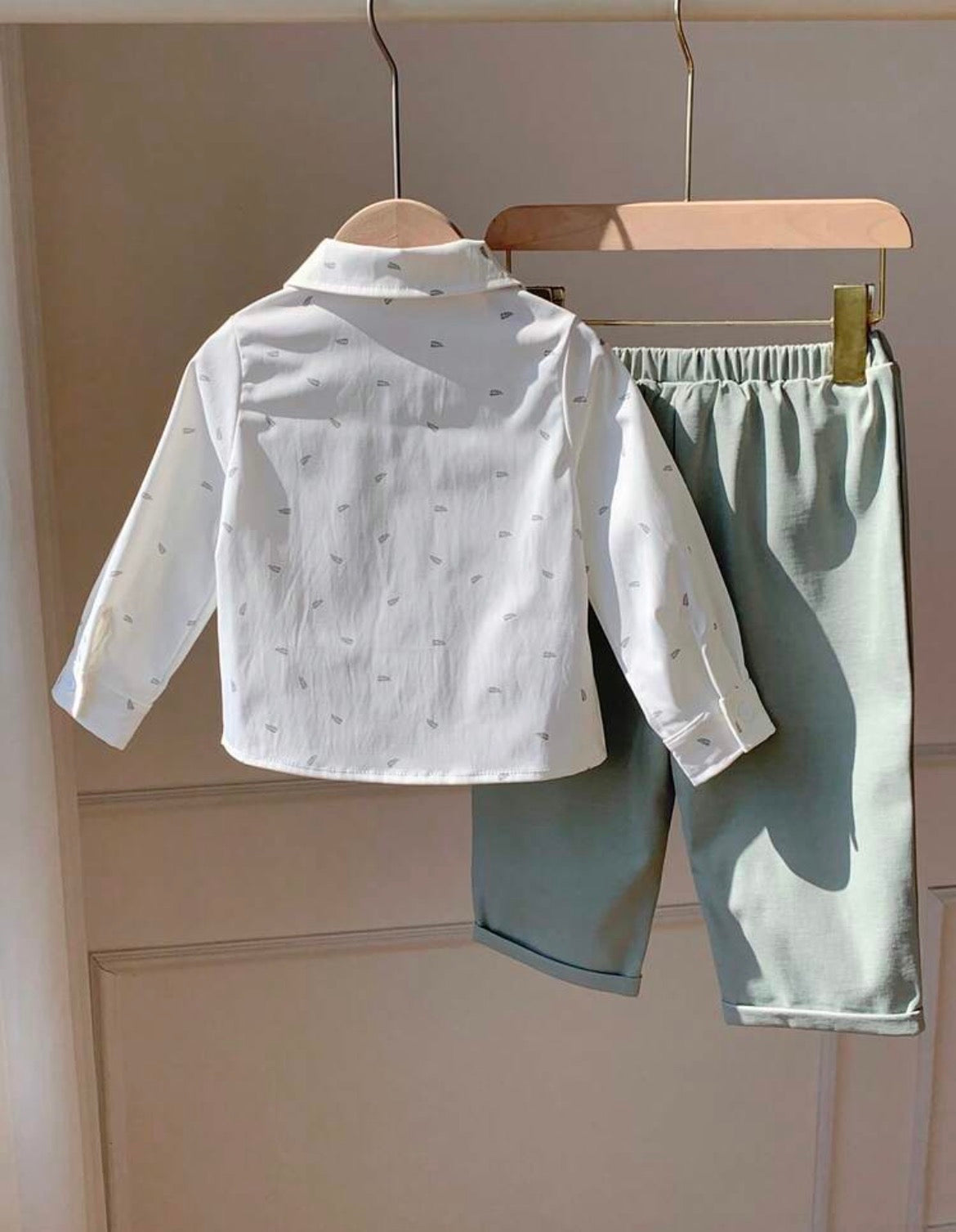 Floral Print White Long Sleeve Shirt And Green Pants Set