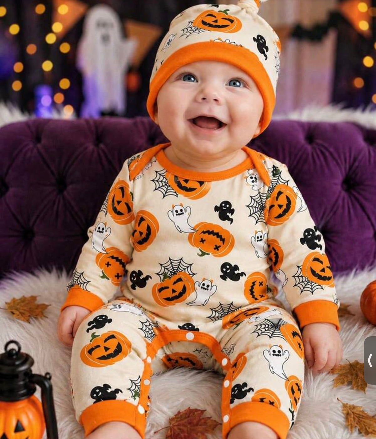 2pcs Toddler Newborn Baby Boy Ghost Pumpkin All-Over Print Halloween Party Crew Neck Long Sleeve Cuffed Jumpsuit With Hat