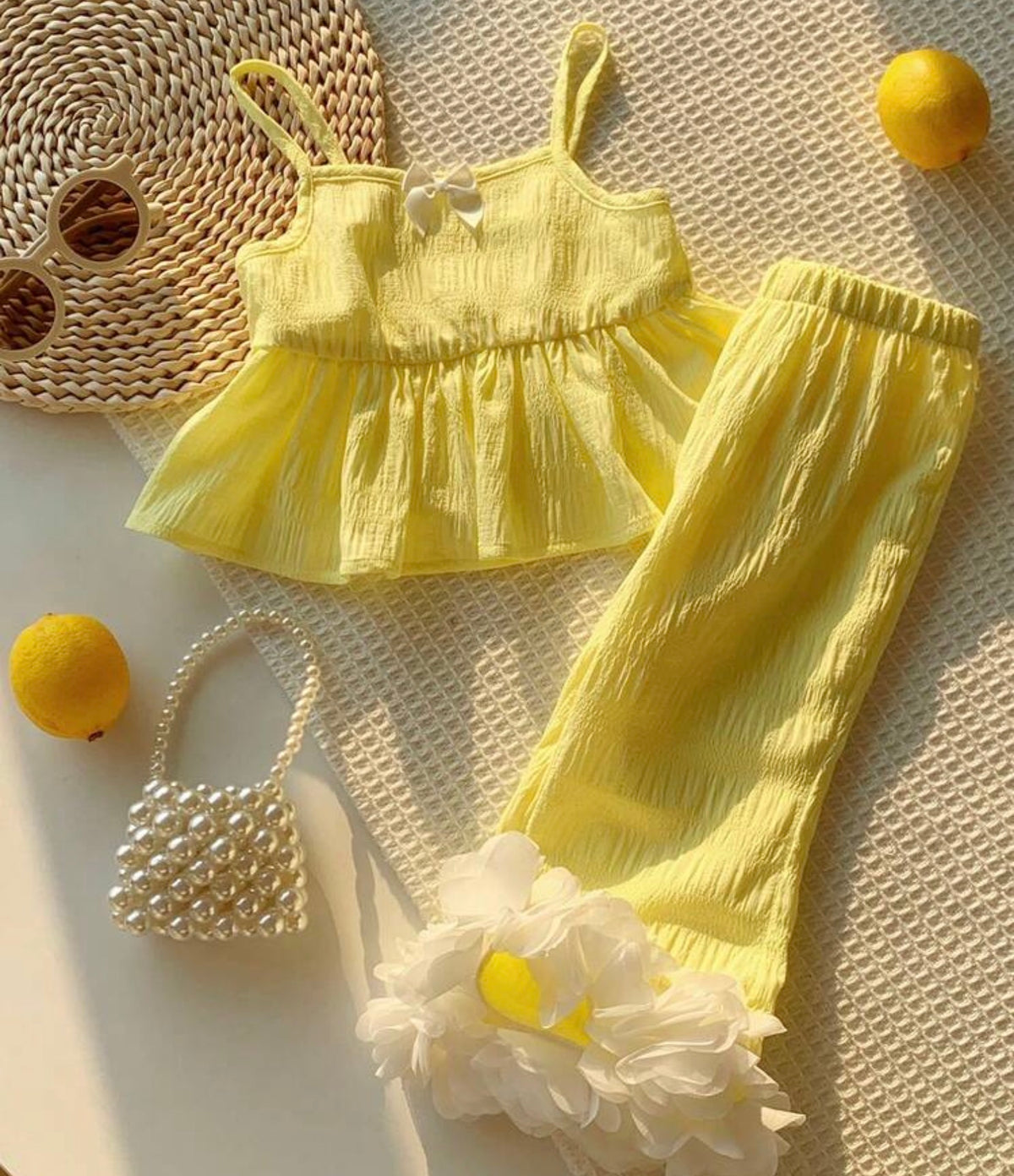 2pcs Sweet Ruffle Camisole Top And Flare Pants Set