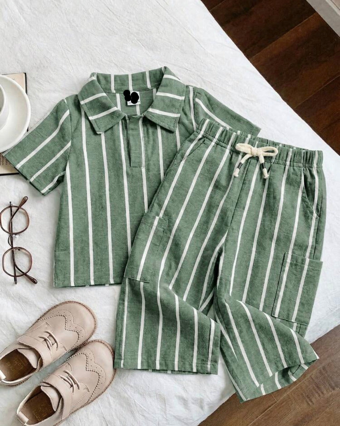 2pcs/Set Versatile Blue And White Striped Collar Short Sleeve Shirt And Long Pants