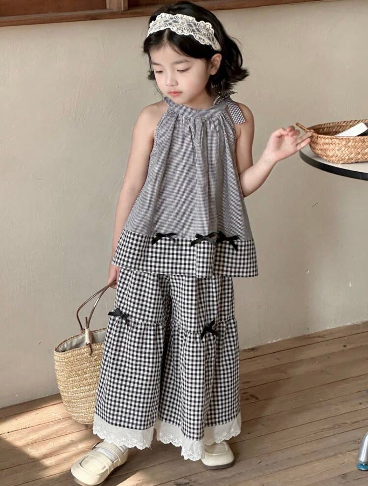 2pcs/Set Young Girl Plaid Patchwork Bow Decor Halter Top & Wide Leg Pants
