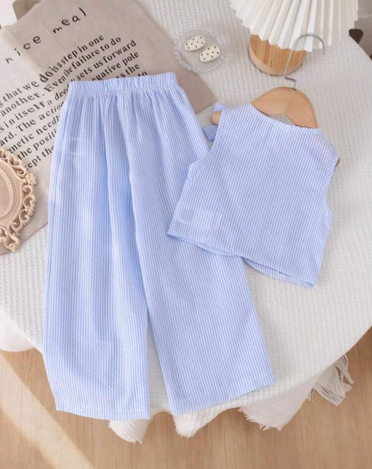 2pcs Blue Striped Pony Vest Cardigan And Pants Set