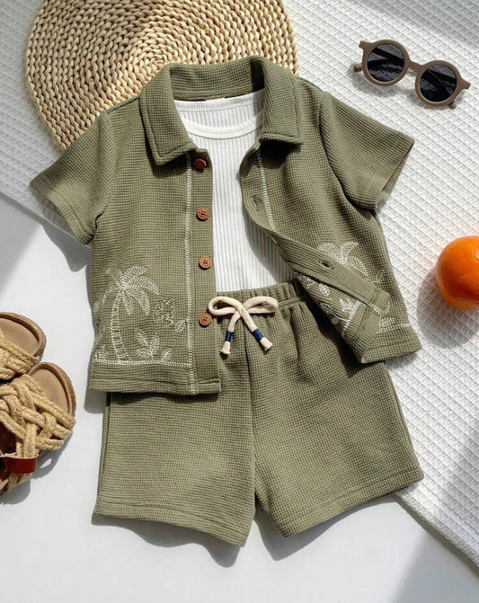 2pcs Unisex Baby Boy/Girl Plant Embroidery Waffle Shirt And Shorts