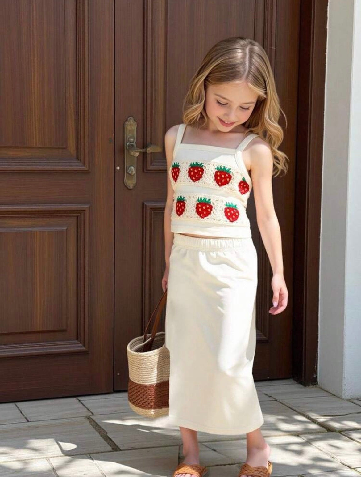 Strawberry Decor Camisole Top And Elastic Waist Fitted Skirt
