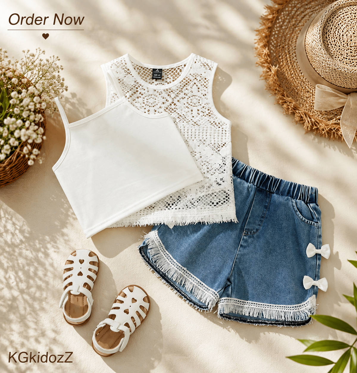 3pcs/Set Crochet Hollow Tassel Top, White Top & Denim Shorts Set