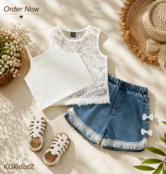 3pcs/Set Crochet Hollow Tassel Top, White Top & Denim Shorts Set