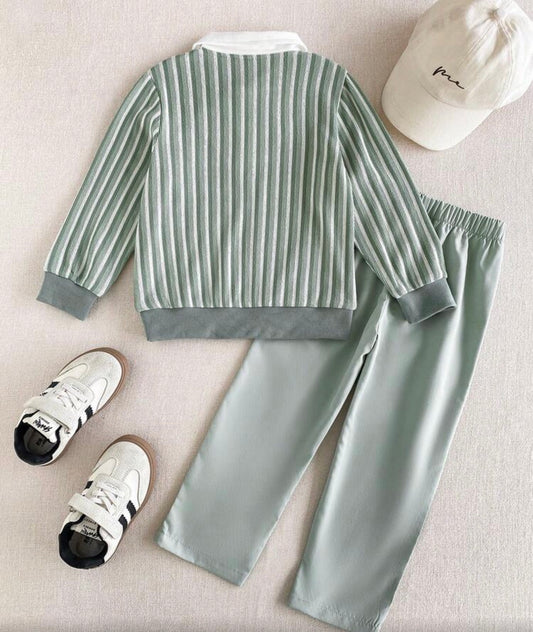 2pcs Long Sleeve Polo Top Paired With Khaki Casual Long Pants,