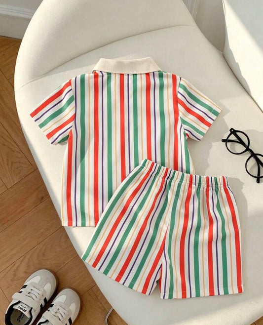 2pcs/Set Striped Collar Short Sleeve Shirt And Matching Shorts