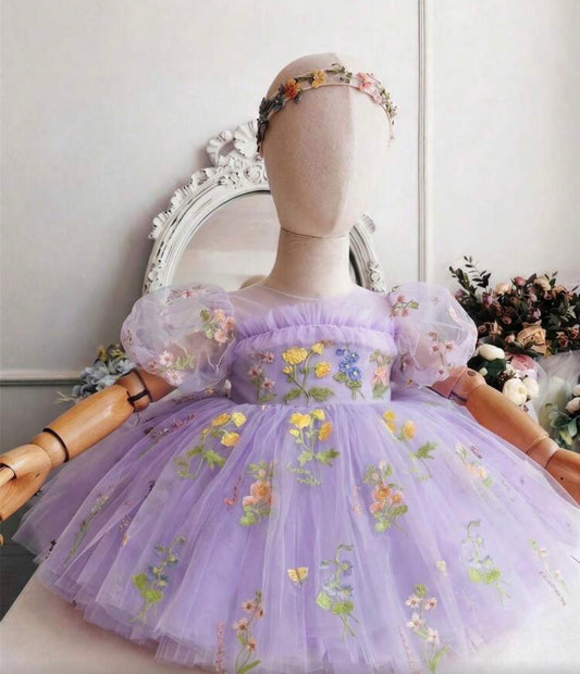 Embroidered Petal Sleeve Hollow Back Mesh Princess Dress