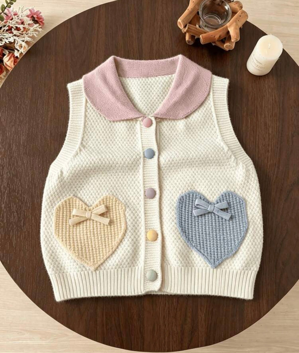 Handmade Bow Decor Multi-Color Pocket Button Knitted Cardigan Vest Winter