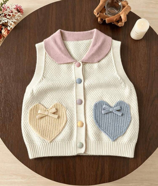 Handmade Bow Decor Multi-Color Pocket Button Knitted Cardigan Vest Winter