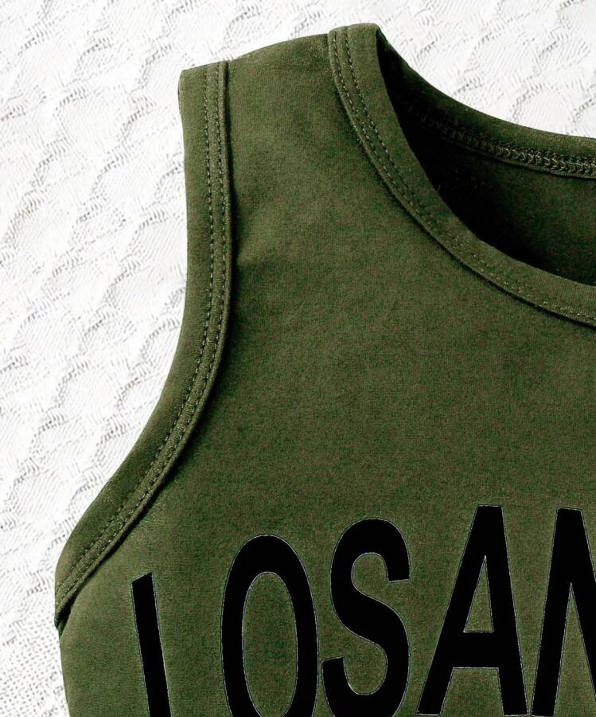 2pcs/Set Military Green Letter Print Round Neck Sleeveless Top + Elastic Waist Pleated Skirt