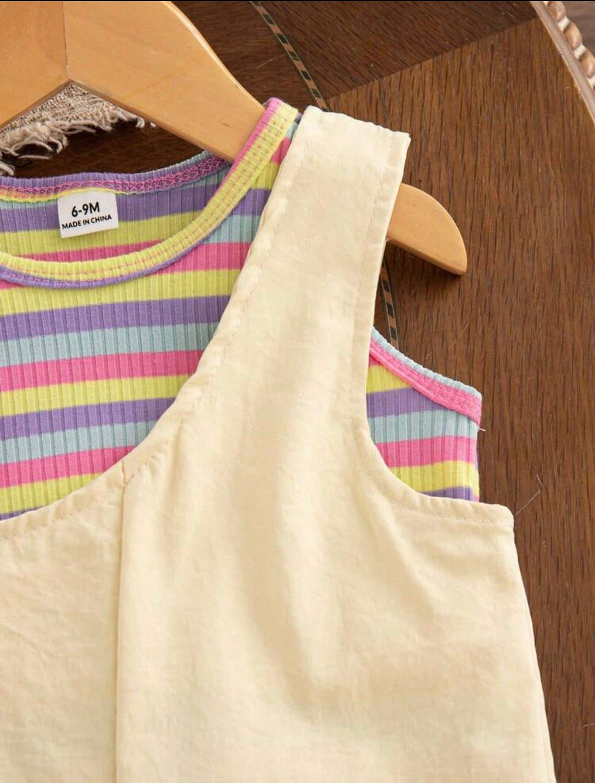 2pc Sleeveless Colorful Striped Tank Top Paired With Yellow Bib shorts