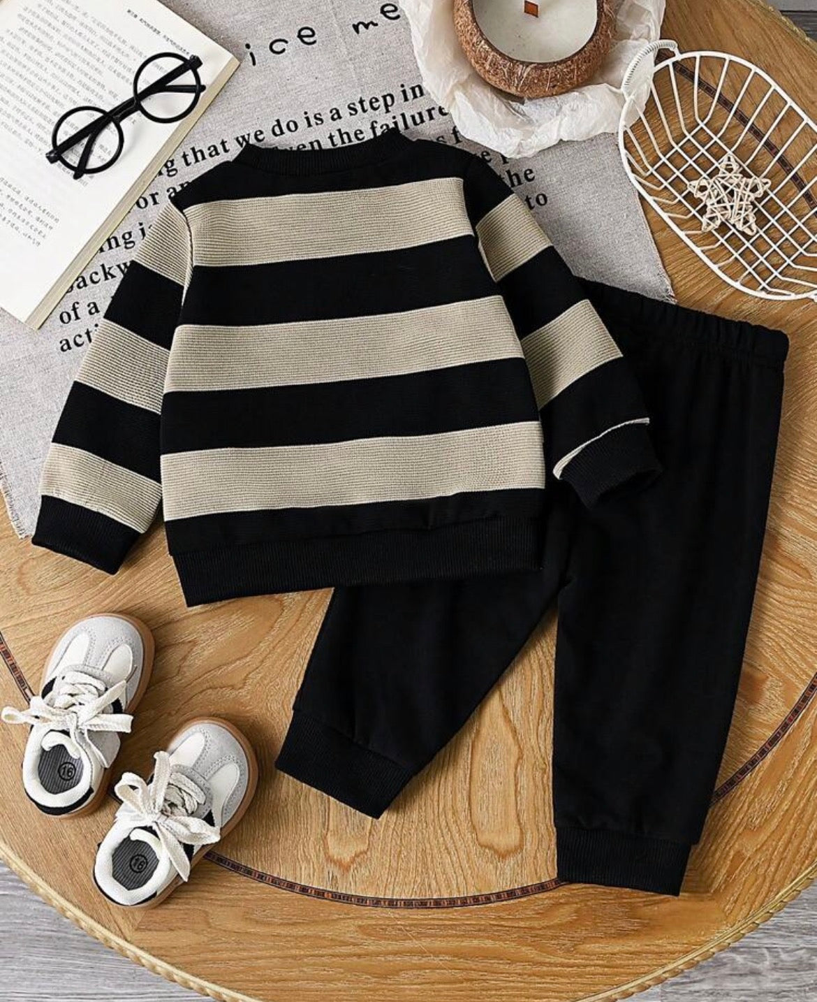 Striped Crew Neck Long Sleeve Bear Graphic Top Slim Fit Pants