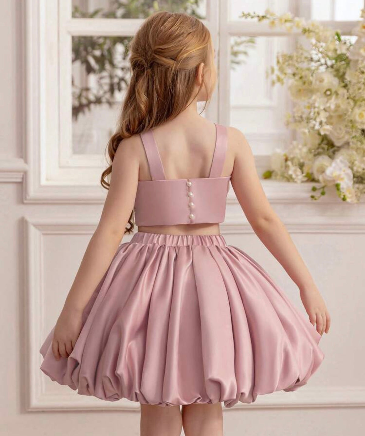 2pcs/Set Floral Embroidered Pink Spaghetti Strap Dress