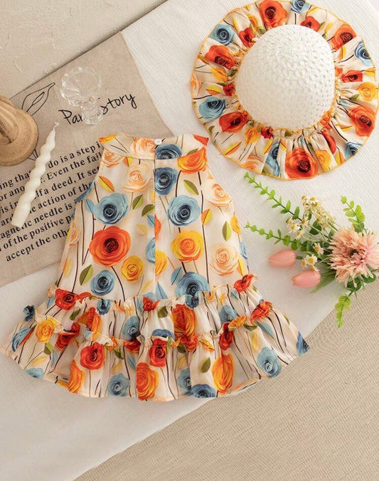 2pcs/Set Baby Girl Summer Sleeveless Colorful Rose Print Dress & Hat,
