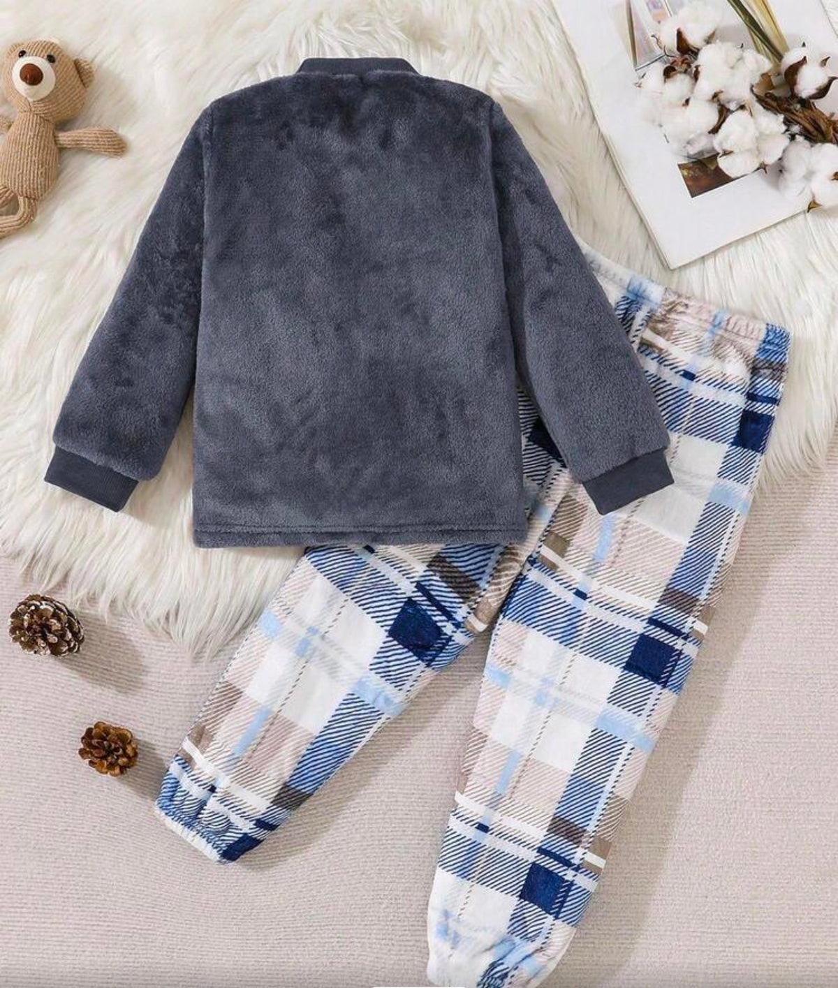Brown Cartoon Bear Pattern Fleece Long Sleeve Top And Pants Homewear winter