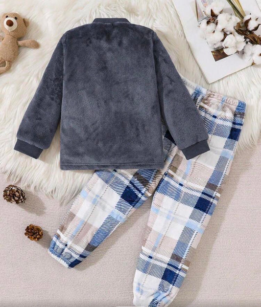 Brown Cartoon Bear Pattern Fleece Long Sleeve Top And Pants Homewear winter