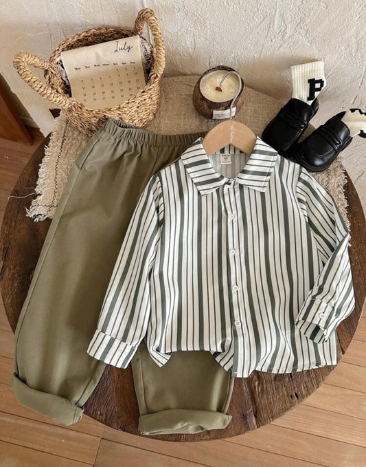 Vintage Striped Collar & Big Letter Print Shirt And Pants Set