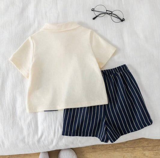 2pcs/Set Navy And White Striped & Graphic Polo Shirt And Shorts