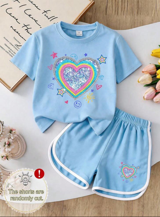 Heart Print Short Sleeve T-Shirt And Contrast Color Casual Shorts Set