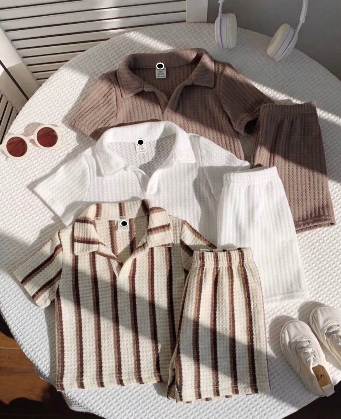 6pcs/Set Knit Striped Polo Shirt And Shorts Set