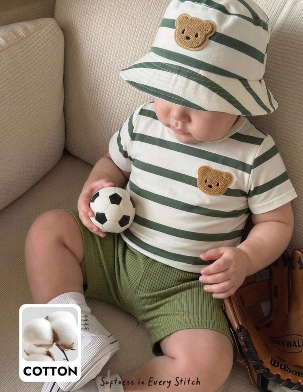 2pcs/Set Cartoon Striped 3D Bear Pattern Round Neck Short Sleeve T-Shirt And Shorts