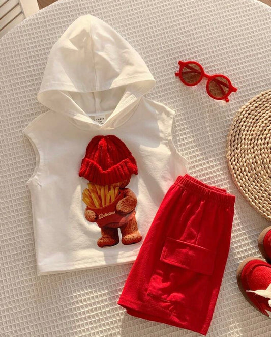 Bear Pattern Sleeveless Knit Top T-Shirt And Red Cargo Shorts