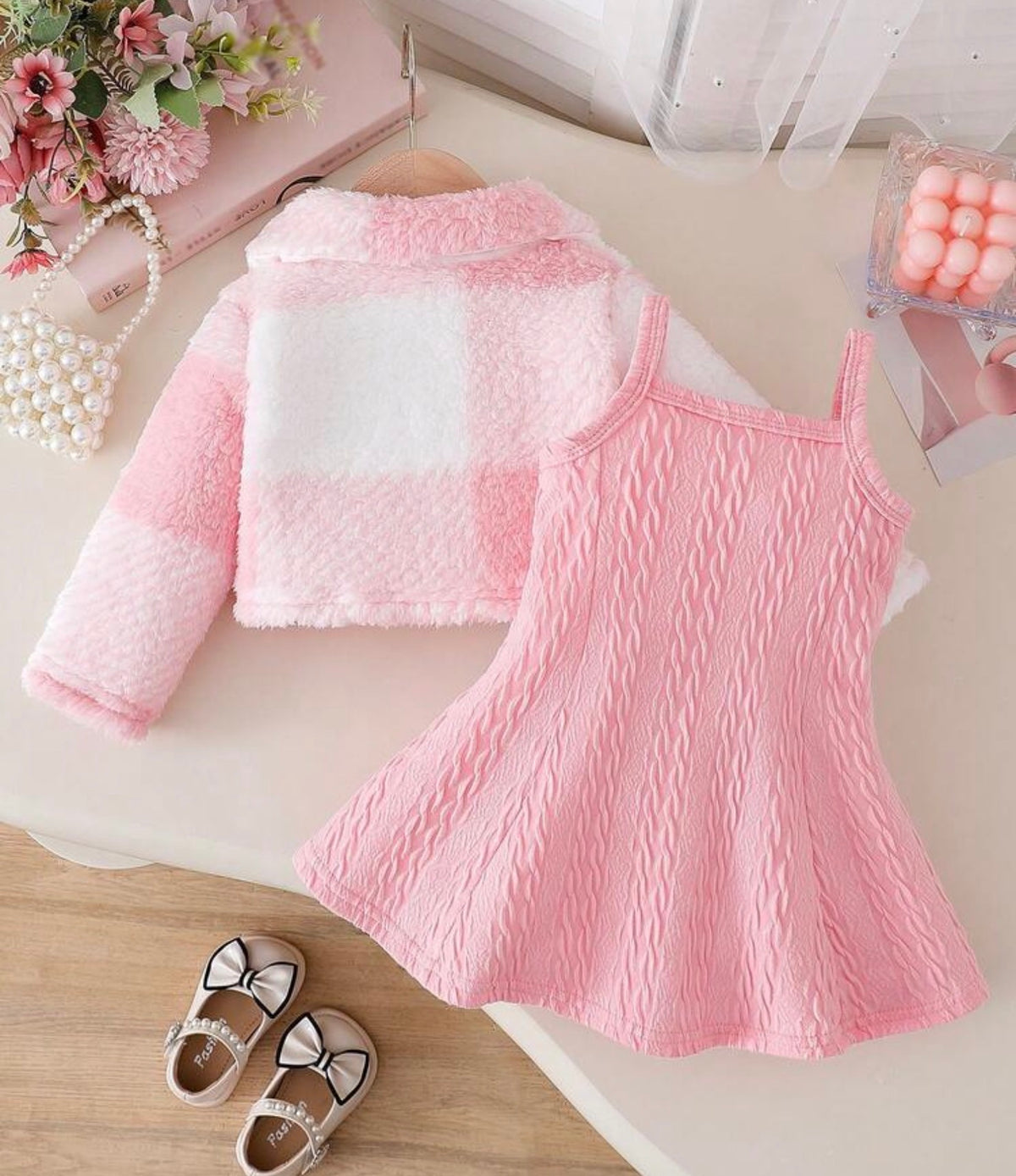 Winter Furry Long Sleeve Cardigan With 3D Bow And Lapel, Paired With Cami Dress, 2-Piece