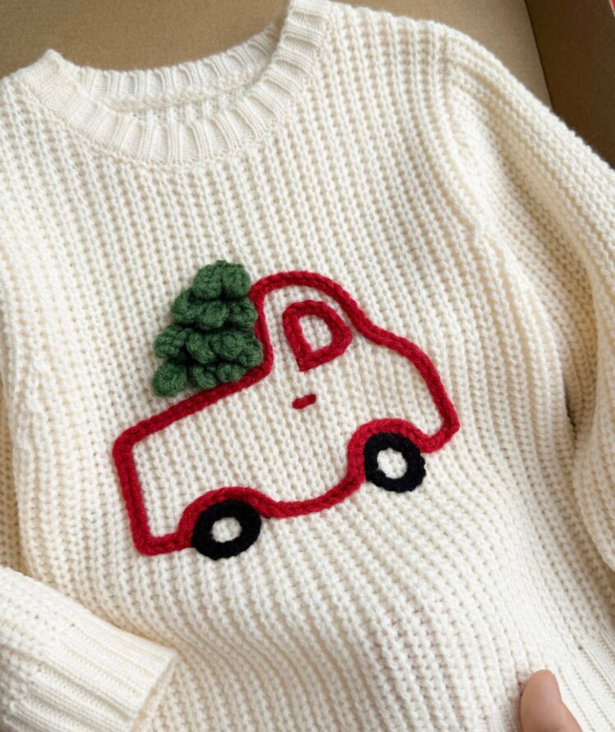 Red Truck Tree Ribbed Knit Long Sleeve Soft Thick Sweaters