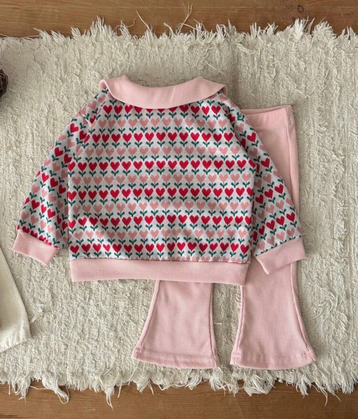 2Pcs/Set Peter Pan Collar Top + Flared Long Pants Two Pieces Set