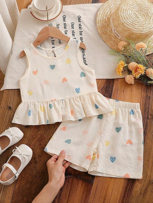 Heart Print Ruffle Sleeveless Top & Shorts