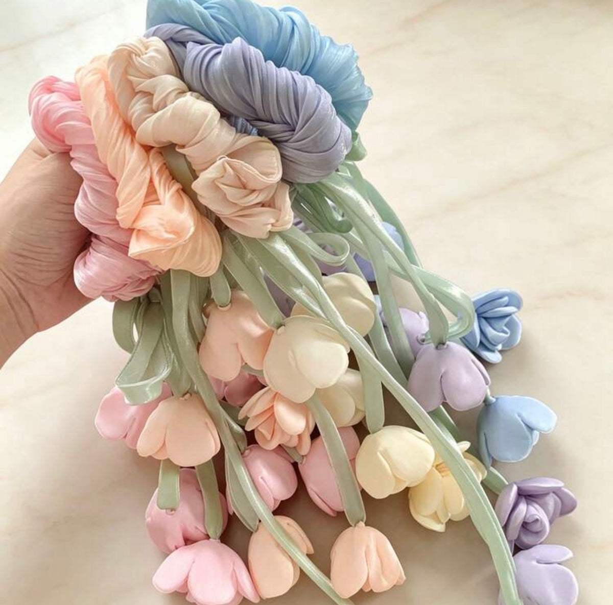 Women's Elegant Tulip Flower Ribbon Hair Tie, Sweet Floral Elastic Band, Premium Flower Bud Hair Tie, Cute Floral Hair Accessory, Suitable For Daily Wear Ponytail Elastics Rubber Bands