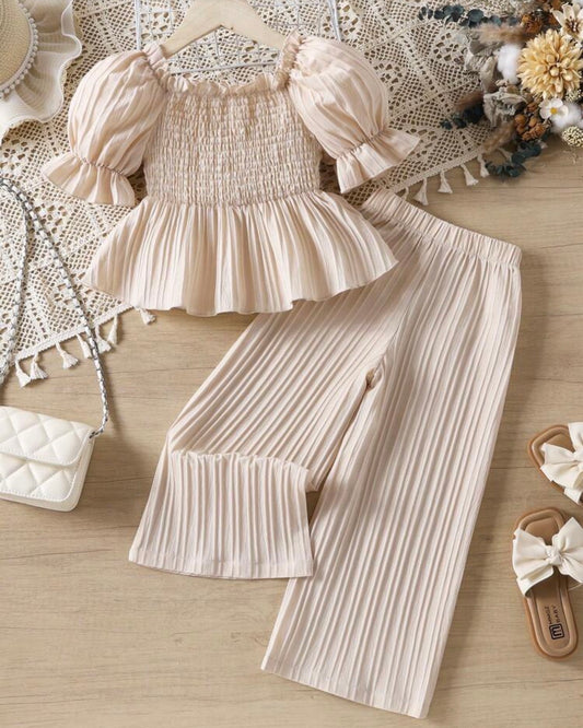 2pcs/Set Vintage Square Collar Puff Sleeve Floral Print Ruffle Hem Top And Elastic Waist Straight Leg Pants
