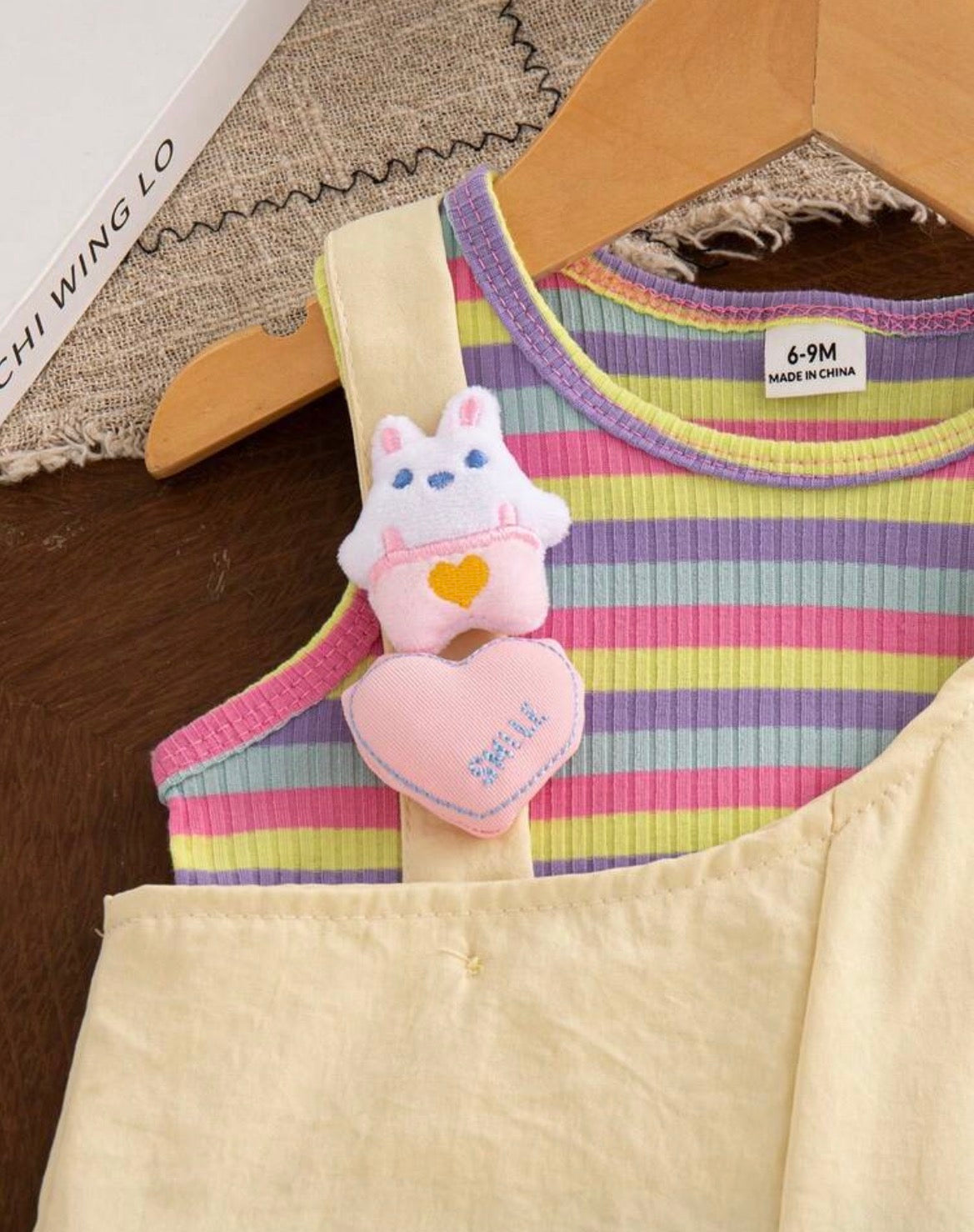 2pc Sleeveless Colorful Striped Tank Top Paired With Yellow Bib shorts