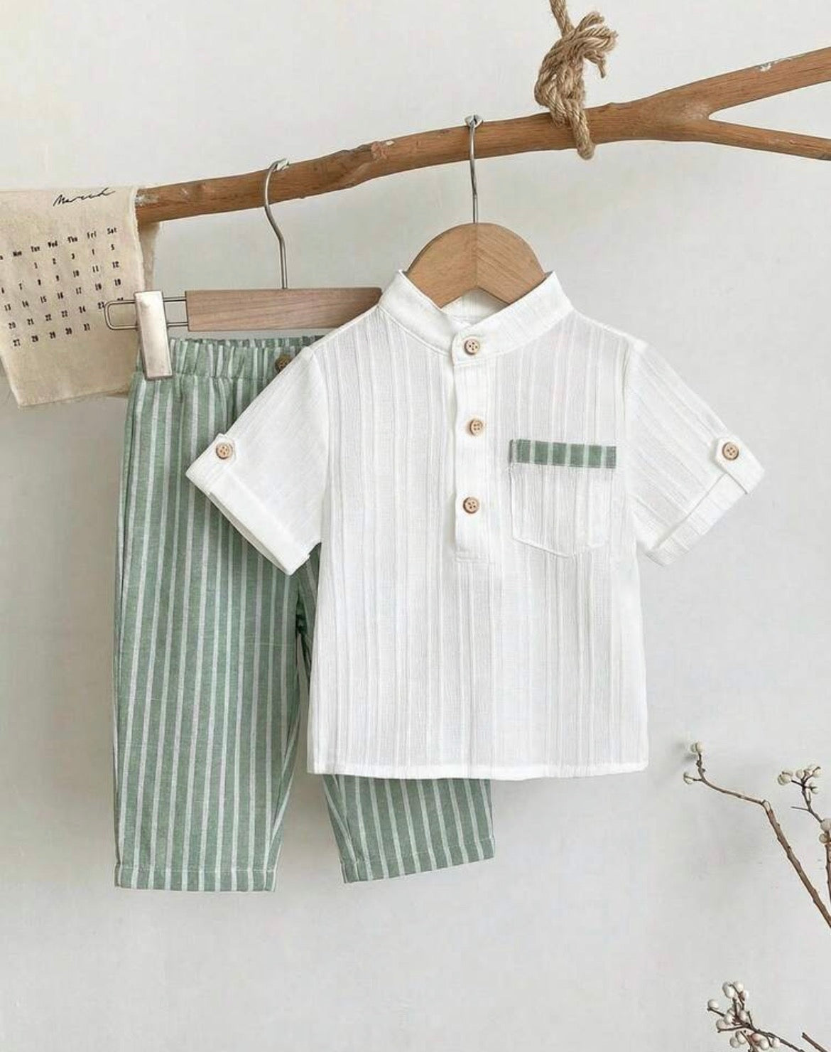 Striped Co-Ord Set Casual Short Sleeve Stand Collar Shirt And Pants Patched Regular Fit