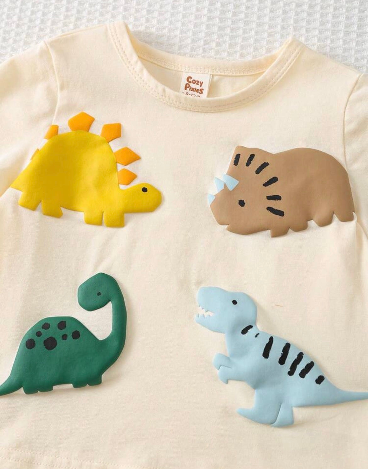 Cartoon Dinosaur Pattern Knit Soft Round Neck Short Sleeve Top And Elastic Waist Pants