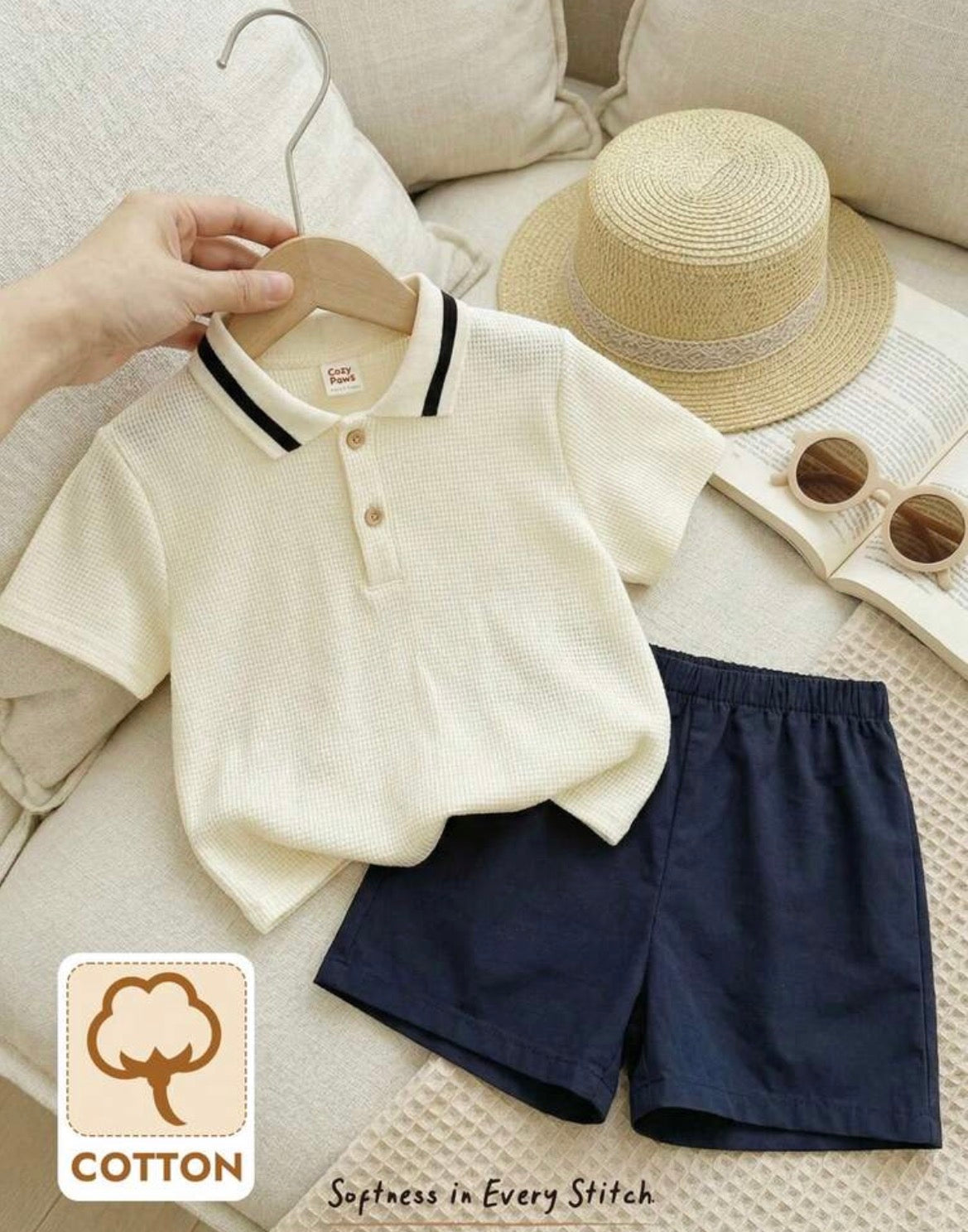 Polo Collar Short Sleeve Half-Zip Pullover Top,& Shorts Set