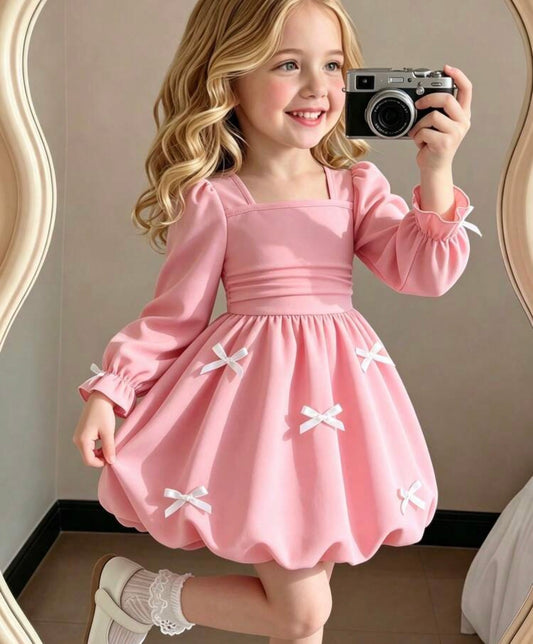 Square Neck Puff Long Sleeve Dress With Cinched Waist, Pleated Design Dress