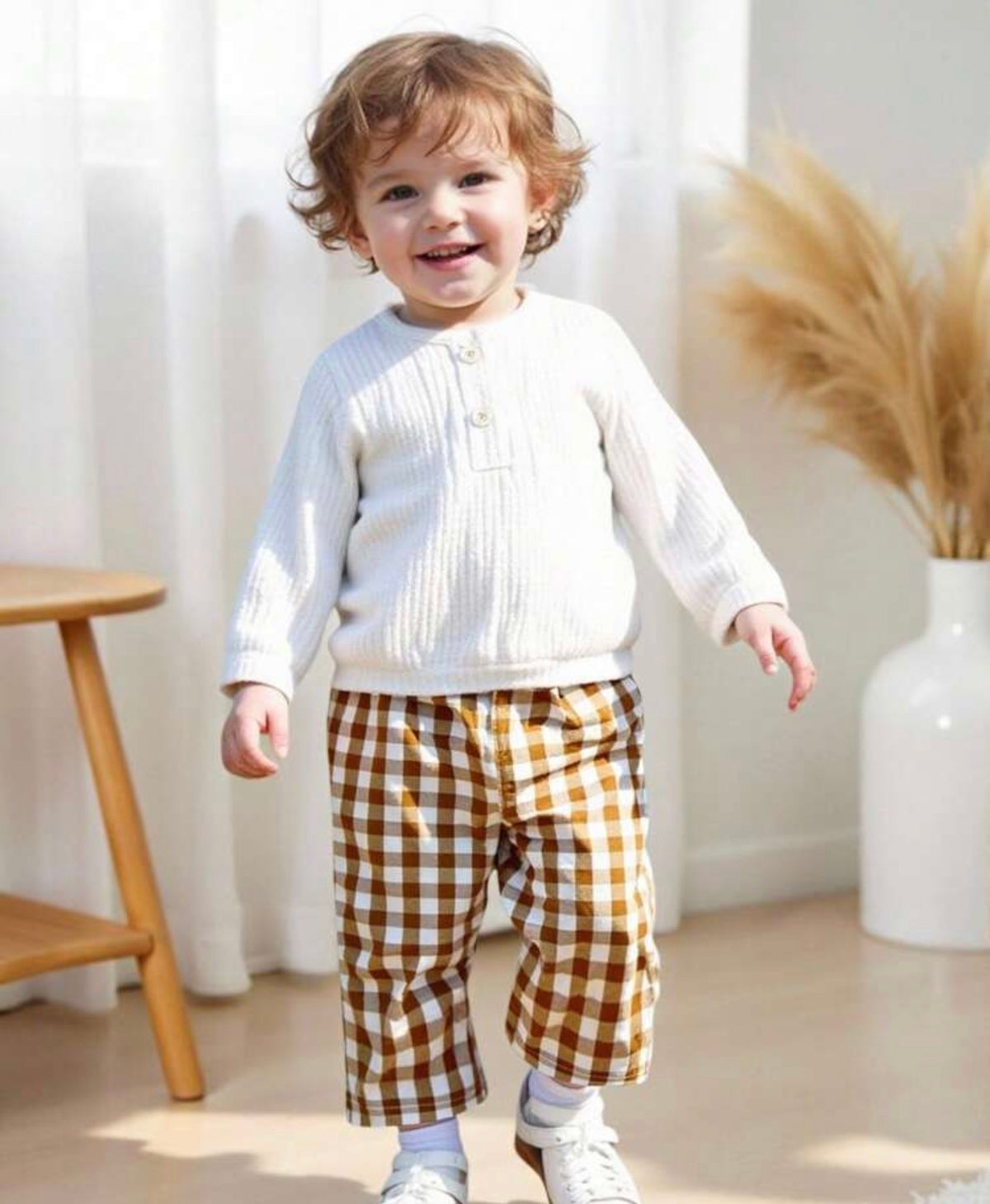 Elegant White Autumn Outfit,Long Sleeve Top With Plaid Pants