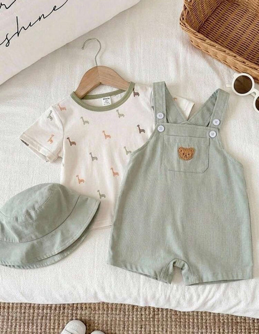 3pcs/Set Cute Dinosaur & Animal Print Round Neck Raglan Sleeve Top,Romper Shorts And Hat