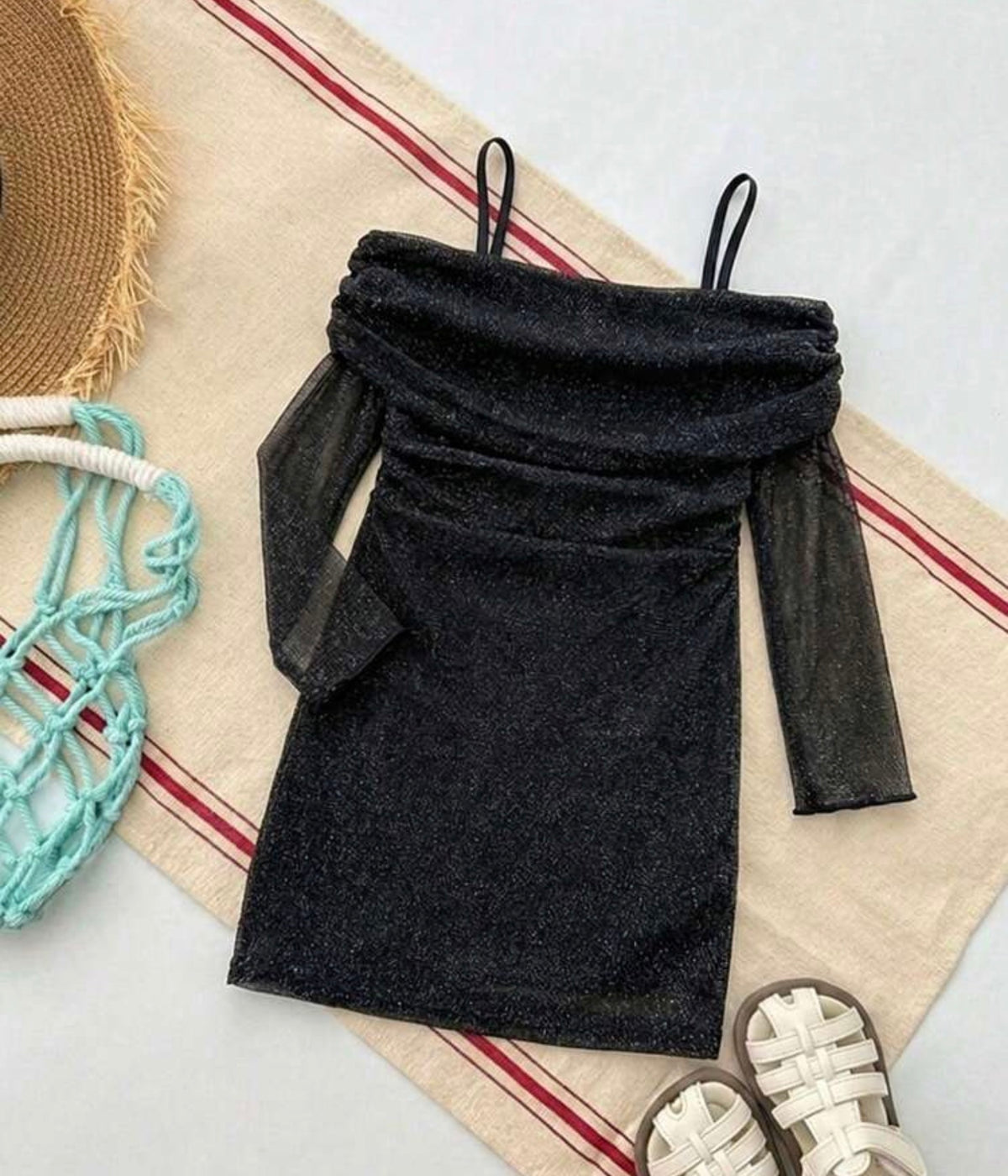 Mesh & Glitter One-Shoulder Wrap Dress